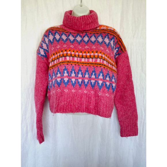 Women's Forever 21 Pink cropped very soft thick turtleneck fair isle Sweater S - Picture 2 of 5